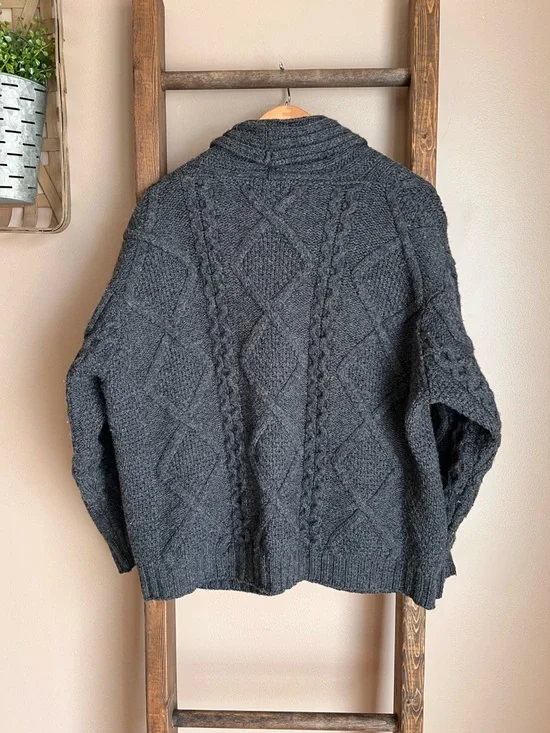 Aran Crafts Merino Wool Charcoal Cable Knit Shawl Collar Cardigan Sweater - Picture 2 of 7